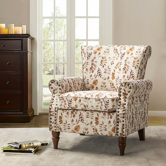 Upholstered Wingback Armchair Removable Cushion Floral Sofa Home Accent Chair Couch Wood Legs Nailhead Trim