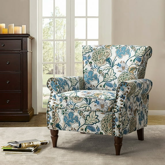 Upholstered Wingback Armchair Removable Cushion Floral Sofa Home Accent Chair Couch Wood Legs Nailhead Trim