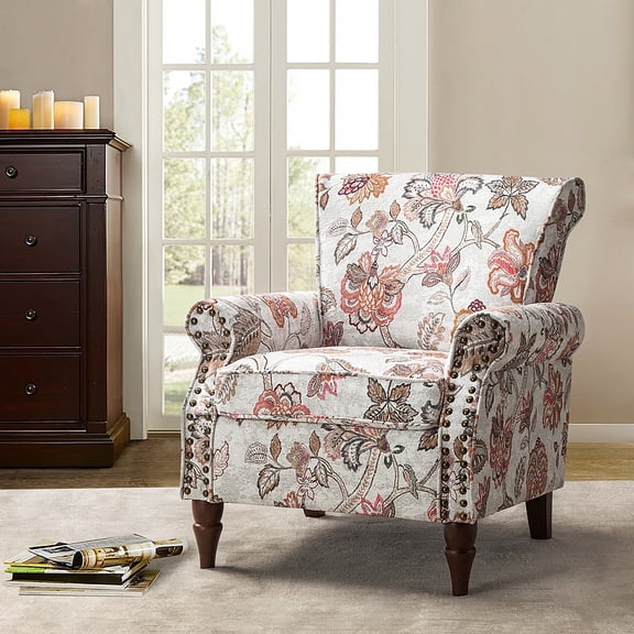 Upholstered Wingback Armchair Removable Cushion Floral Sofa Home Accent Chair Couch Wood Legs Nailhead Trim