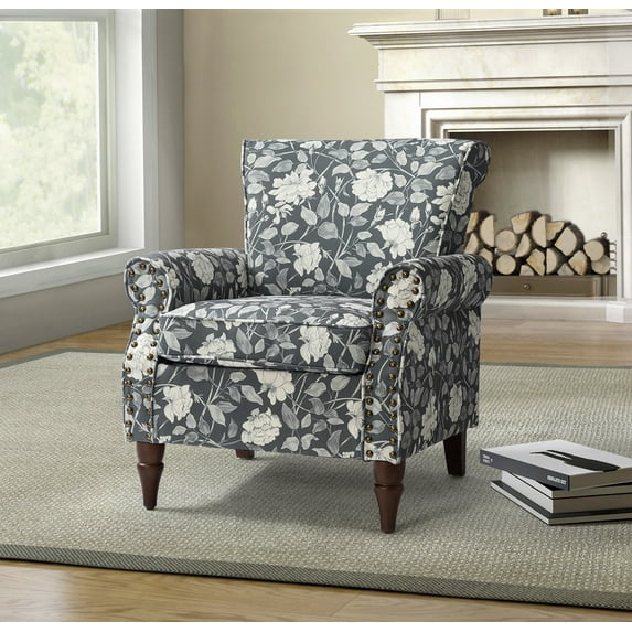 Upholstered Wingback Armchair Removable Cushion Floral Sofa Home Accent Chair Couch Wood Legs Nailhead Trim