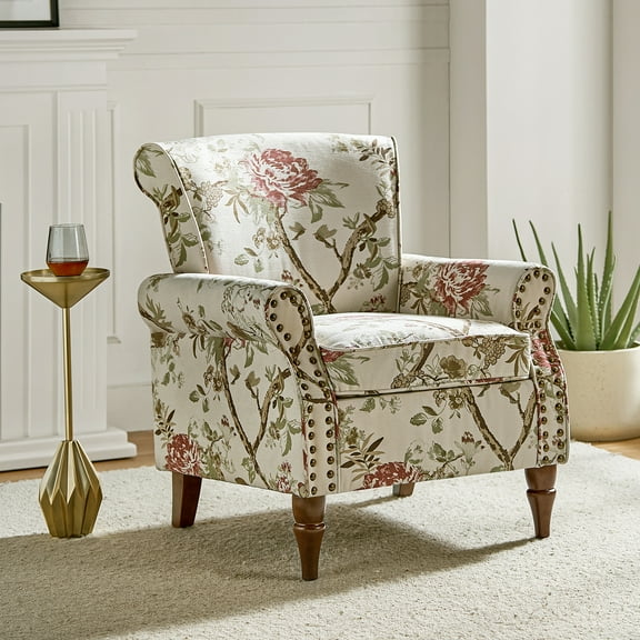 Upholstered Wingback Armchair Removable Cushion Floral Sofa Home Accent Chair Couch Wood Legs Nailhead Trim