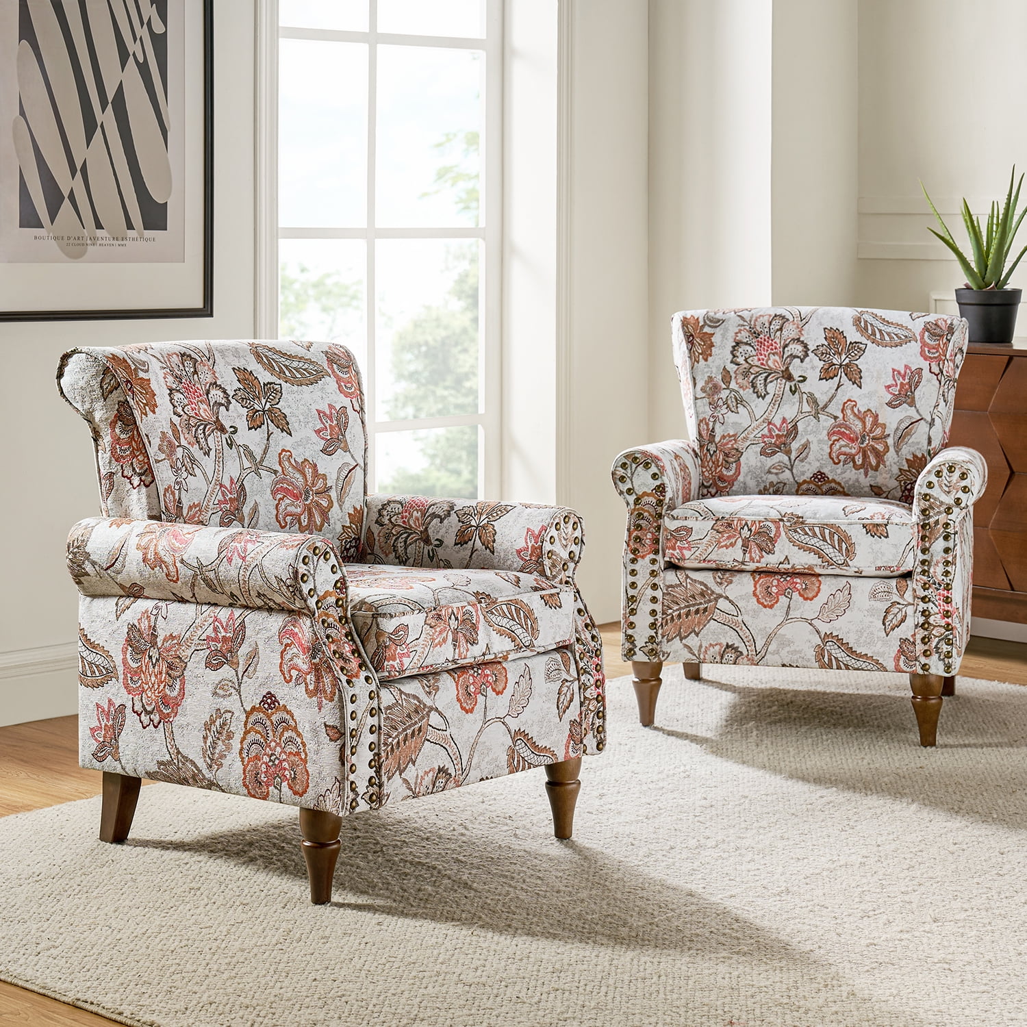 Pink Floral Polyester Armchair Set with Nailhead Trim