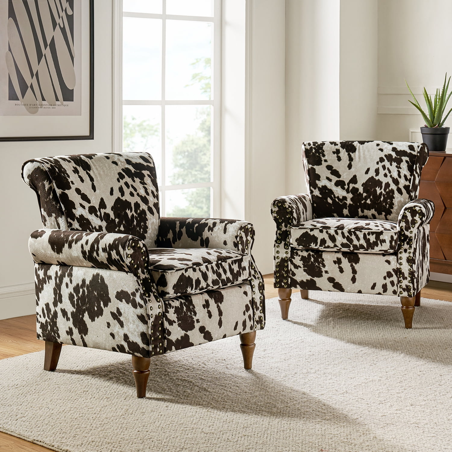 14 Karat Home Upholstered Floral Armchairs Set of 2 Cowhide Accent Chairs Home Living Room