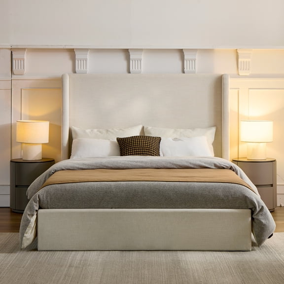 Upholstered Wingback Bed / Upholstered Platform Bed Frame / 52.3" High Headboard / Simplicity / Minimalist / No Box Spring Needed / Easy Assembly / King/ Textured Ivory Canvas Chenille/No Noise RR