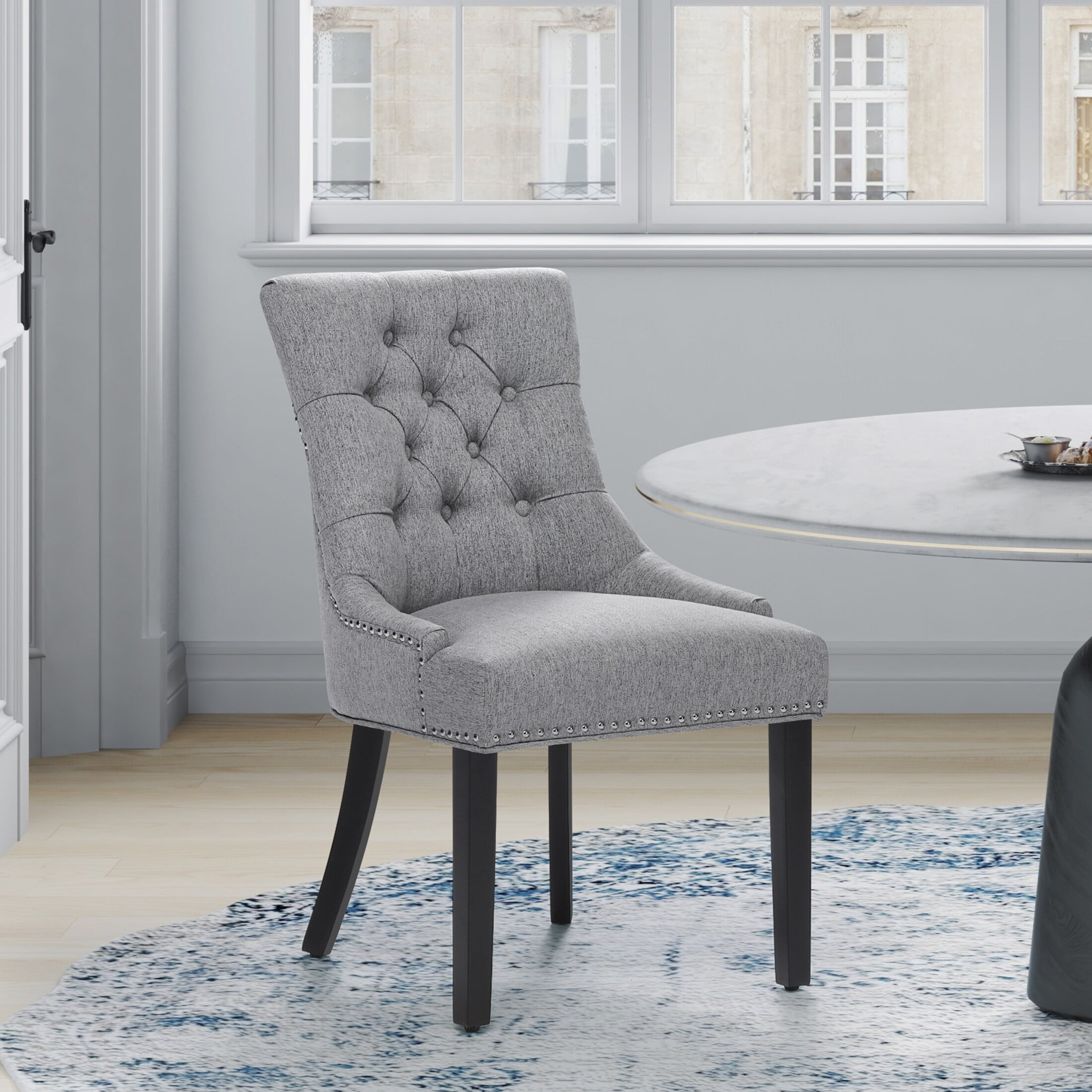 Elegant Gray Linen Upholstered High-Back Side Chair with Wood Accents