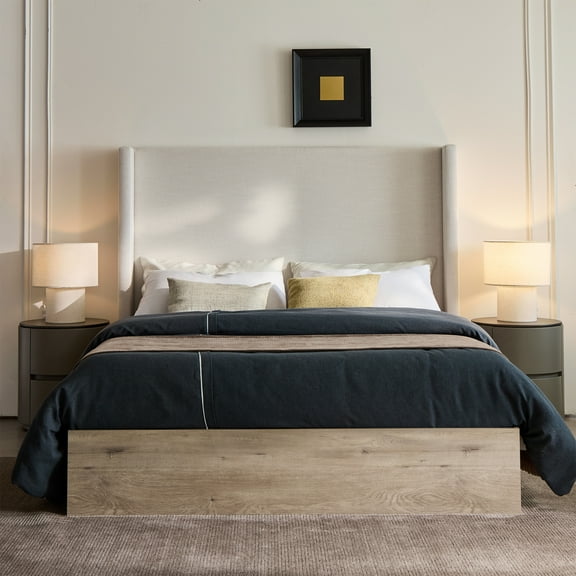 Upholstered Wingback Platform Bed - 54" High Headboard, Textured Ivory Chenille Fabric, Rustic Oak Frame, Modern Farmhouse Style Queen Bed (1000 lb Capacity)
