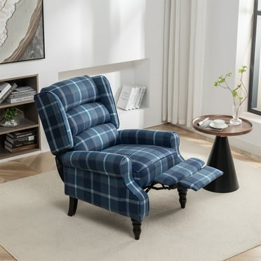 Upholstered Wingback Recliner Chair, Plaid Recliner Chair Armchair Adjustable Footrest Push Back Reclining Sofa, Mid Century Modern Lounge Armchair for Living Room, Bedroom, Reading -- Blue
