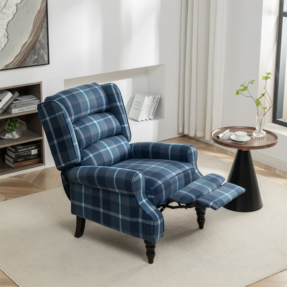 Upholstered Wingback Recliner Chair, Plaid Recliner Chair Armchair Adjustable Footrest Push Back Reclining Sofa, Mid Century Modern Lounge Armchair for Living Room, Bedroom, Reading -- Blue
