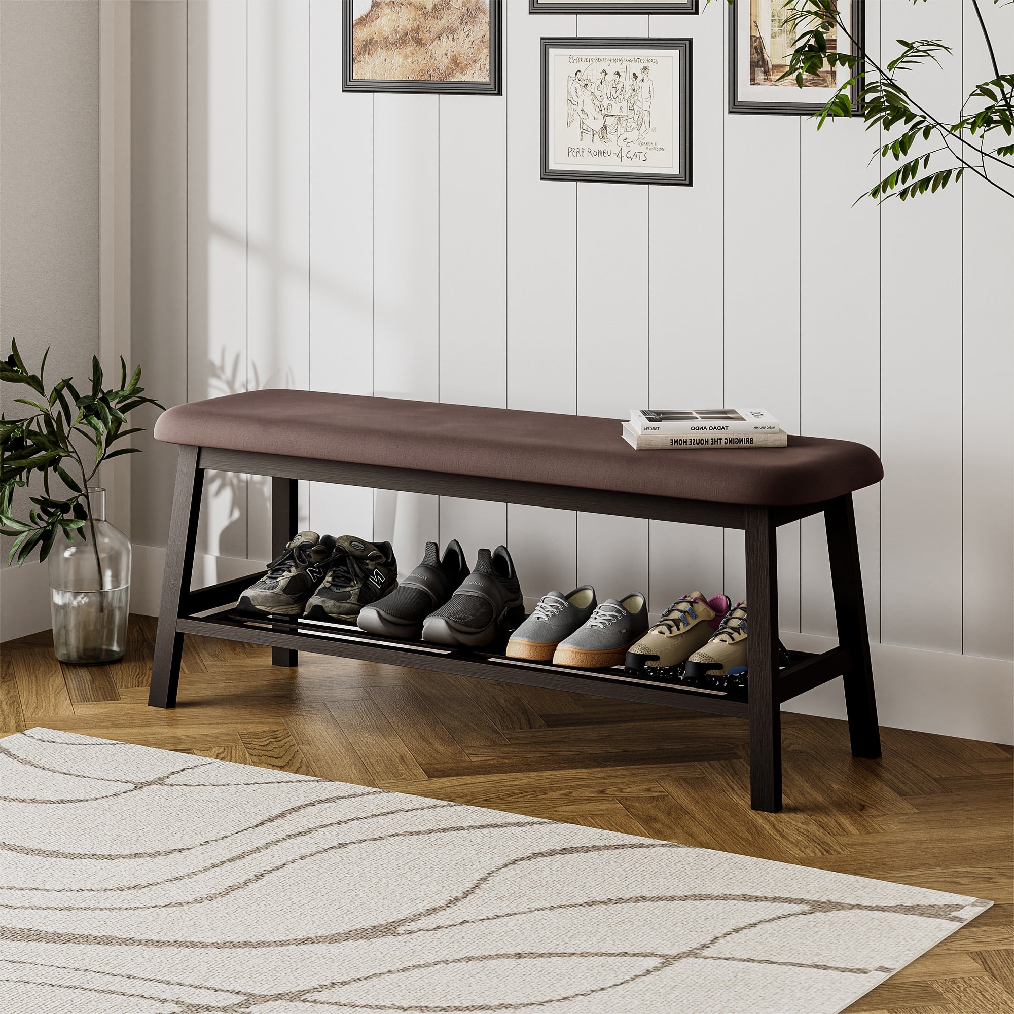 Upholstered Wood Bench with Shoe Storage Shelf Bamboo Entryway Bench Dark Brown