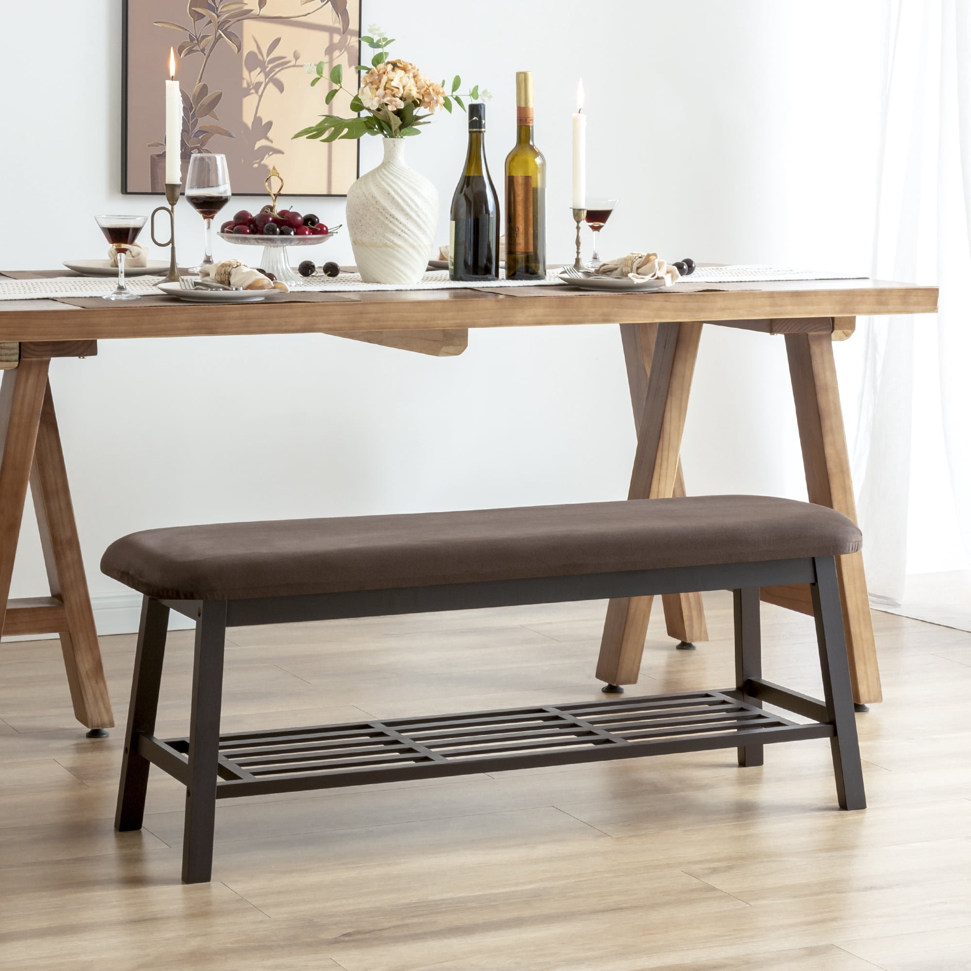 Upholstered Wood Bench with Shoe Storage Shelf, Bamboo Entryway Bench ...