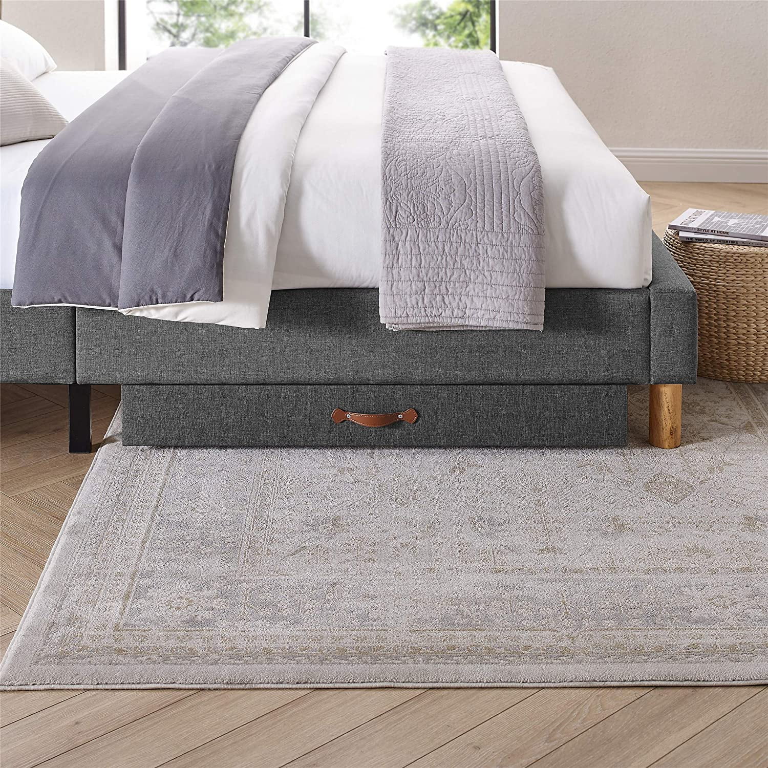 Upholstered Wood Under Bed Storage Drawer With 4Wheels For Bedroom/Leather Handle,Wooden