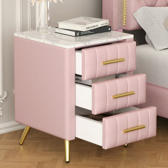 Upholstered Wooden Nightstand with 3 Drawers and Metal Legs&Handles, Bedside Table with Marbling Stickers Worktop,Pink
