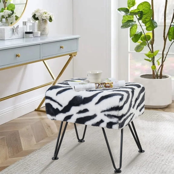 Upholstered Zebra Pattern Footrest Bench with Hidden Storage Living Room Entryway Stool