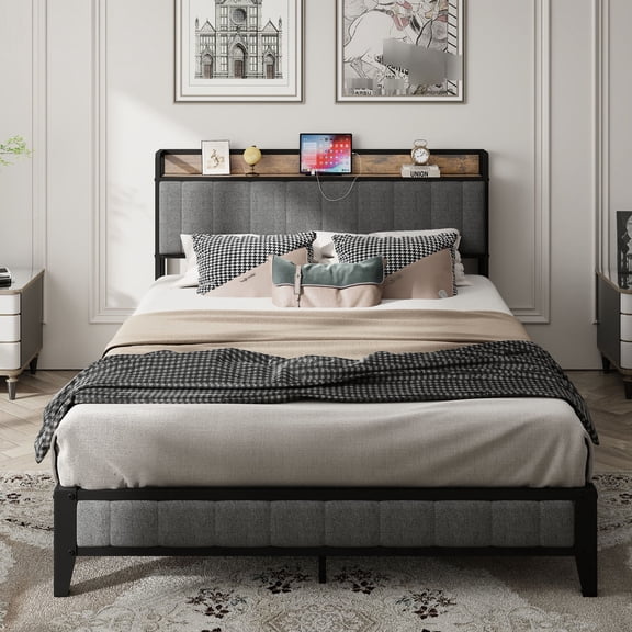 Upholstered headboard queen bed frame with unique angle iron legs for a distinctive bedroom look