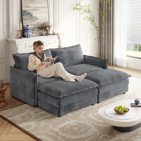 Upholstered large-size deep-seat sofa in Corduroy with 2 cushions & flexible combo options