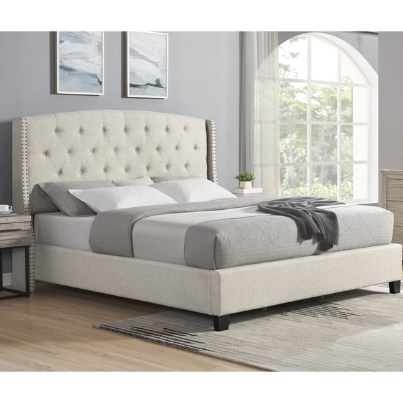 Upholstered queen bed with nail head trim and polyester fabric / Offers a comfortable and stylish option