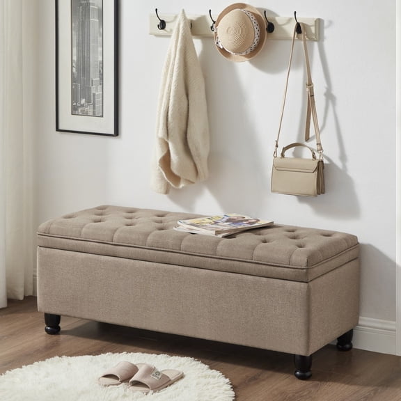 Upholstered Tufted Button Storage Bench, Linen Fabric Entry Bench with Spindle Wooden Legs, Bed Bench- Linen