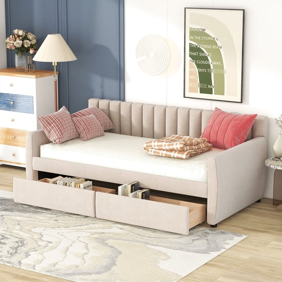 Upholstered twin daybed with drawers for extra space / Sturdy pine legs, air - moving support, easy setup