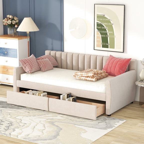 Upholstered twin daybed with storage, no box spring | Stable frame, smooth - rolling casters on drawers