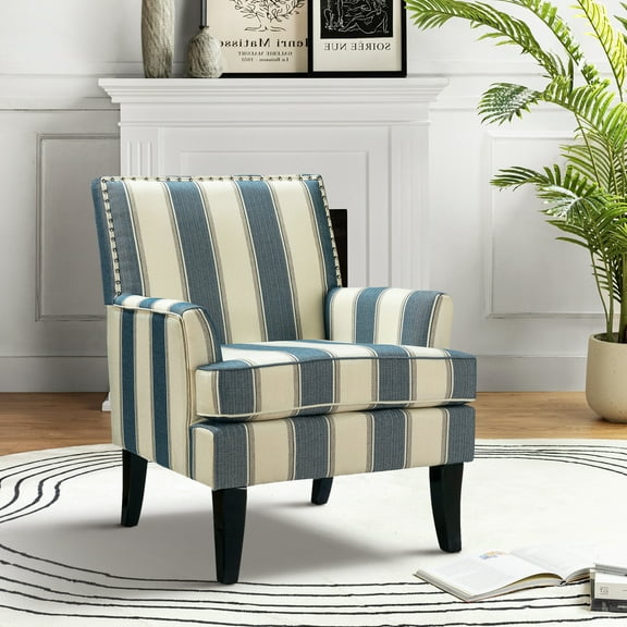 Upholstery Accent Chair Armchair Sofa Couch Lounge Seat Wood Black Legs Nailhead Trim Home Living Room Bedroom Stripe Blue