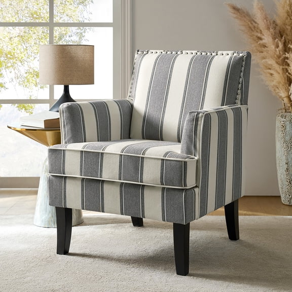Upholstery Accent Chair Armchair Sofa Couch Wood Black Legs Nailhead Trim Home Living Room Bedroom Adult Strip White Grey