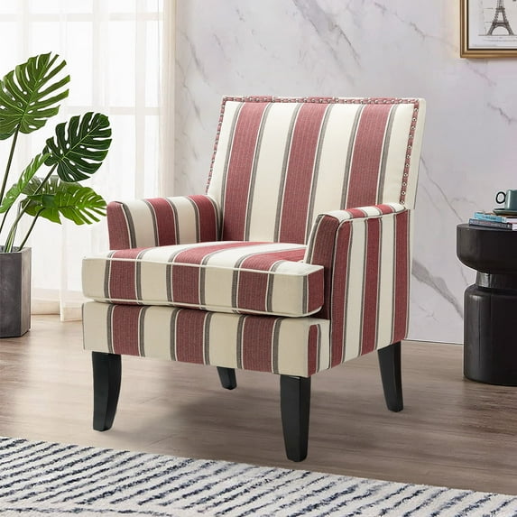 Upholstery Armchair Accent Chairs Sofa Couch Wood Leg Nailhead Trim Home Living Room Bedroom Stripe White Red