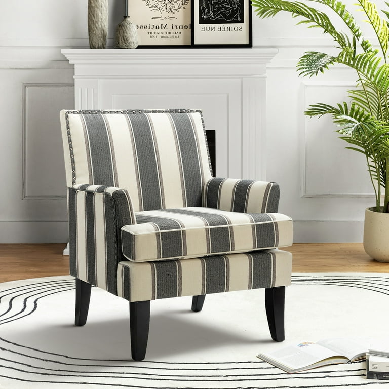 14 Karat Home Wooden Upholstery Armchair with Nailhead Trim, Comfy Accent Chair for Living Room and Bedroom, Stripe Black, Size: 27.5
