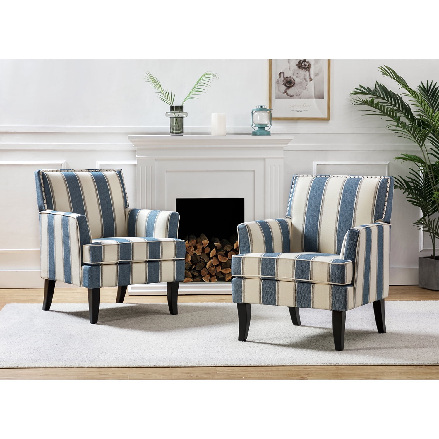 Upholstery Armchairs Set of 2 Accent Chairs Sofa Couch Solid Wood Legs Nailhead Trim Bedroom Home Living Room Stripe White Blue