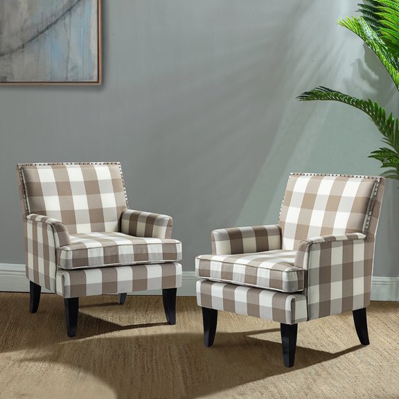 Upholstery Armchairs Set of 2 Accent Chairs Sofa Couch Wood Legs Nailhead Trim Bedroom Home Living Room Plaid White Beige