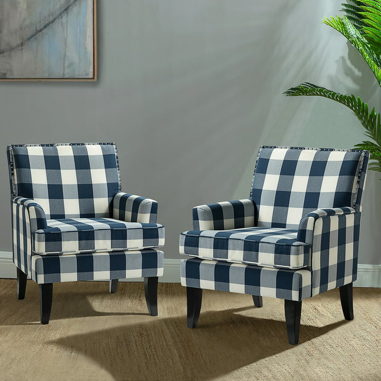 14 Karat Home Herrera Contemporary Comfortable Armchair With Nailhead Trim For Living Room And Bedroom Set Of 2 Blue Plaid Size 27 5wx28dx33 5h