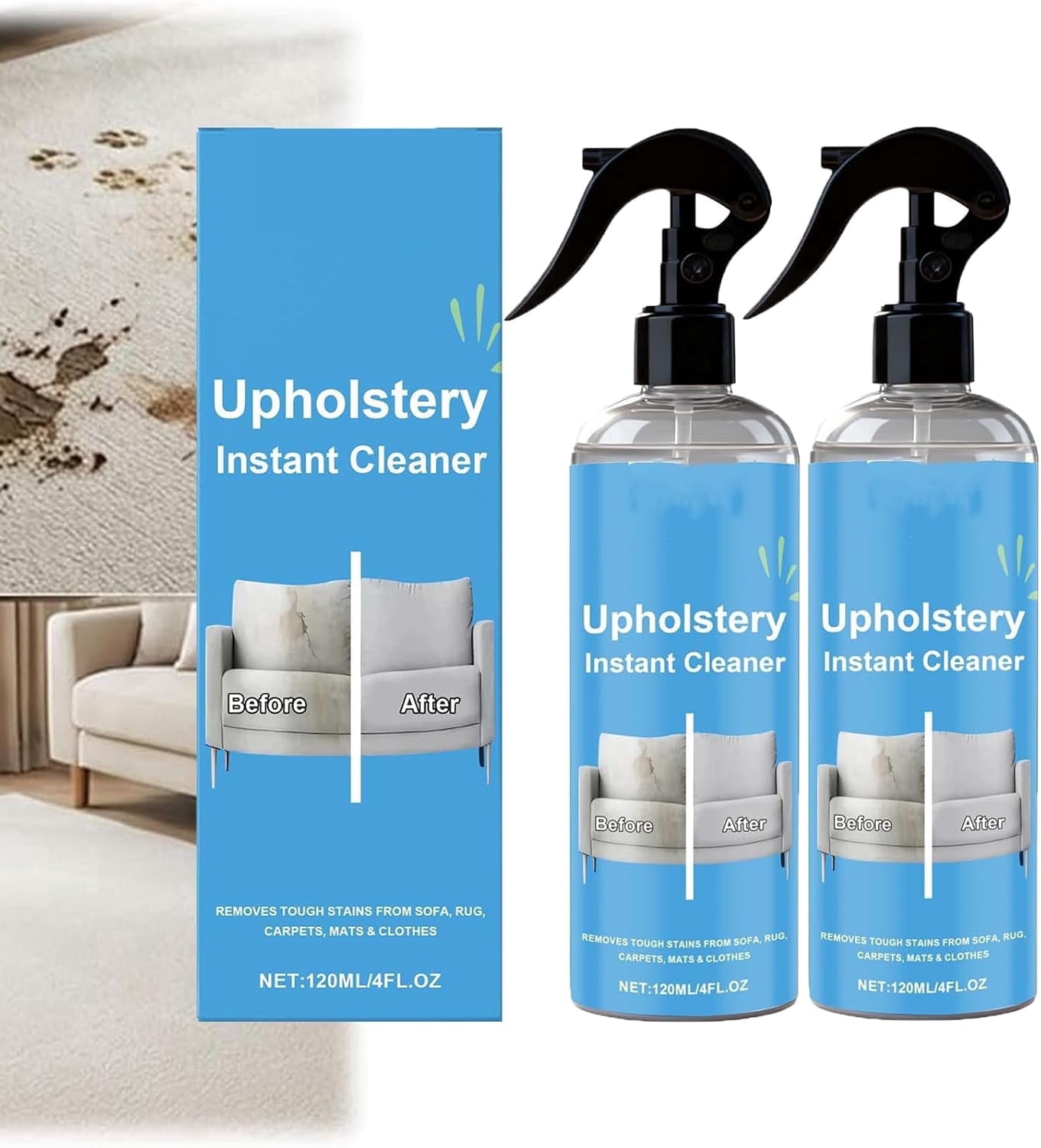 Upholstery Cleaner & Stain Remover, Professional Formula for Couches, Carpet, Car Seats | Pet, Wine, Grease & Odor Eliminator | No Residue, Fast Drying（2pcs）