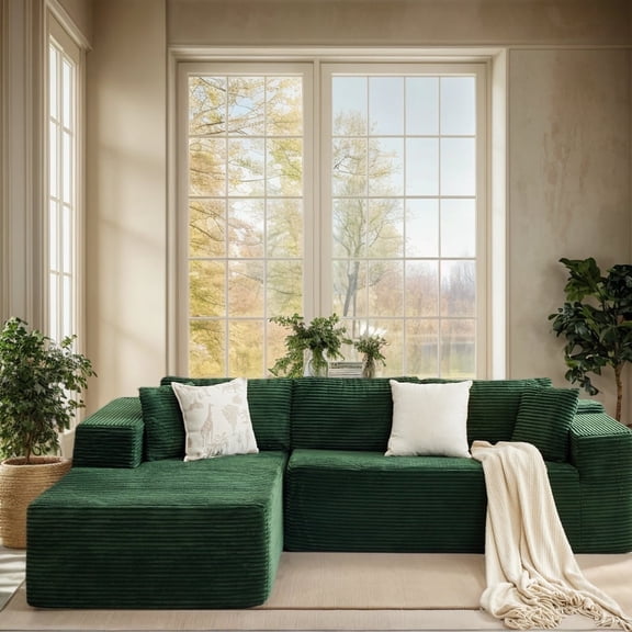 Aemeios Upholstery Corduroy Sofa Cloud Sectional Couch with L-Shape Chaise Modular Sofa No Assembly Required, Green
