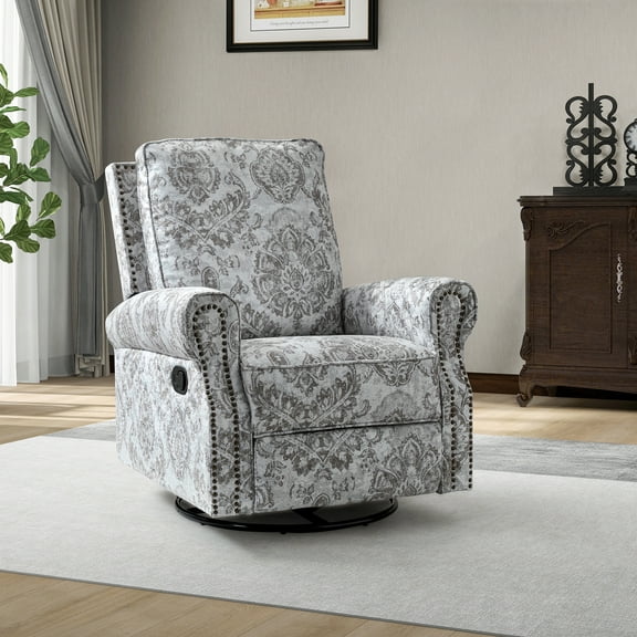 Upholstery Manual 360-Degree Swivel Recliner Nursery Chair Nailhead Trims Metal Swivel Base Home Living Room Beige