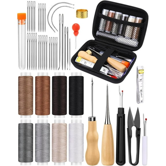 Upholstery Repair Kit, 50 Pcs Sewing Kit with 8 Color Sewing Thread 32 Pcs Upholstery Needle, Sewing Awl, Heavy Duty Sewing Kit for Hand Sewing Car Sofa Shoe Backpack Craft DIY
