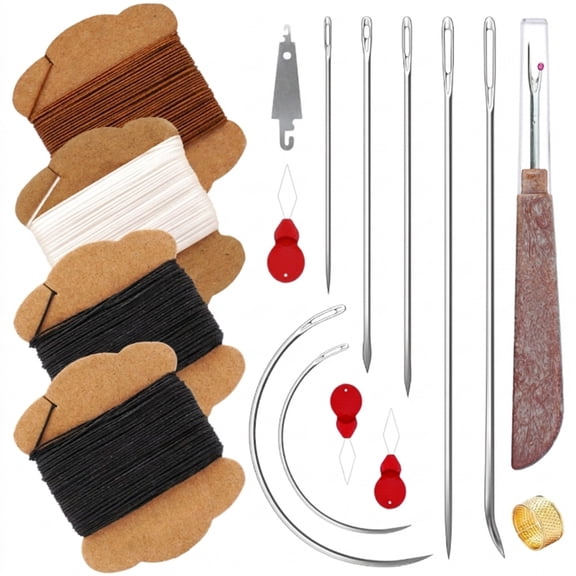 Upholstery Repair Kit, Heavy Duty Waxed Sewing Thread 4 Rolls with 7 Assorted Hand Needles, for Leather Canvas Bookbinding Quilting and Carpet Repair, Durable ing Tool Set, Multicolor