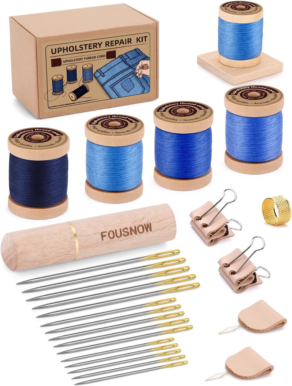 Upholstery Repair Kit, Sewing Kit with Blue Sewing Threads, Professional Heavy Duty Sewing Kit for Home Repair Sewing Denim Clothes, Denim Bags, Jacket, Shoes, Wallets Crafts