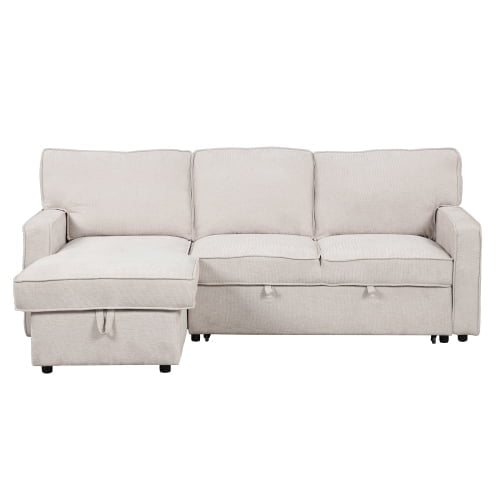Upholstery Sleeper Sectional Sofa with Storage Space, USB port, 2 cup holders on Back Cushions (Beige)