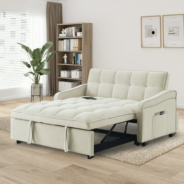 Upholstery Sofa Bedm, Adjsutable Back and 2 Arm Pocket, Pull-out Bed with TypeC and USB Charging, Modern Velvet Loveseats Sofa with Copper nail for Living Room, Bedroom, Beige
