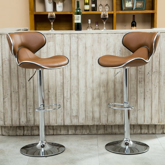 Upholstery Swivel Barstools, Set of 2 Modern and Adjustable for Kitchen, or Dining Room, Faux Leather, Chrome Base, Camel