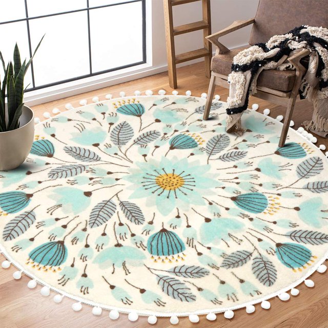 Uphome Round Rug for Bedroom 4' Circle Cute Area Rug with Pom Poms
