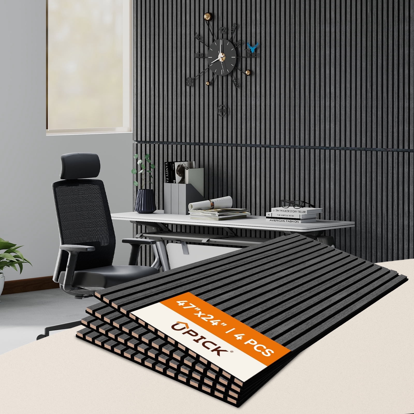 Upick Acoustic Wall Panels Sound Absorbing, 4 Pack 48 x 24 inch Sound Proof Foam Wall Panels & Wood Slat Wall Panels for Interior Wall Decor (Matte Black)
