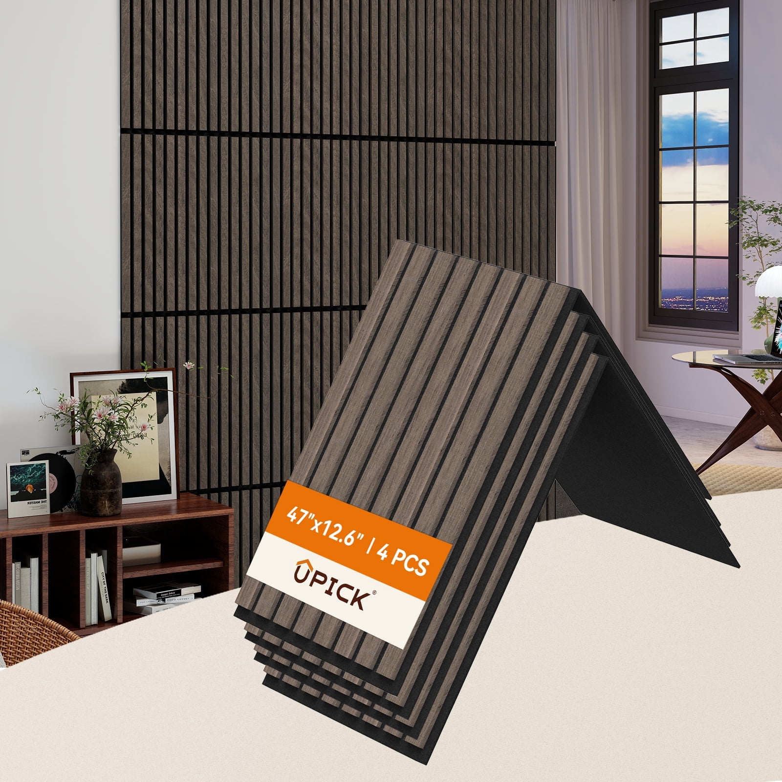 Upick Foldable Acoustic Wall Panels, 4 Pack 48" x 12.6" MDF Slat Wood Panels for Wall, Sound Absorbing Wall Panels for Interior Wall Decor, Dark Walnut