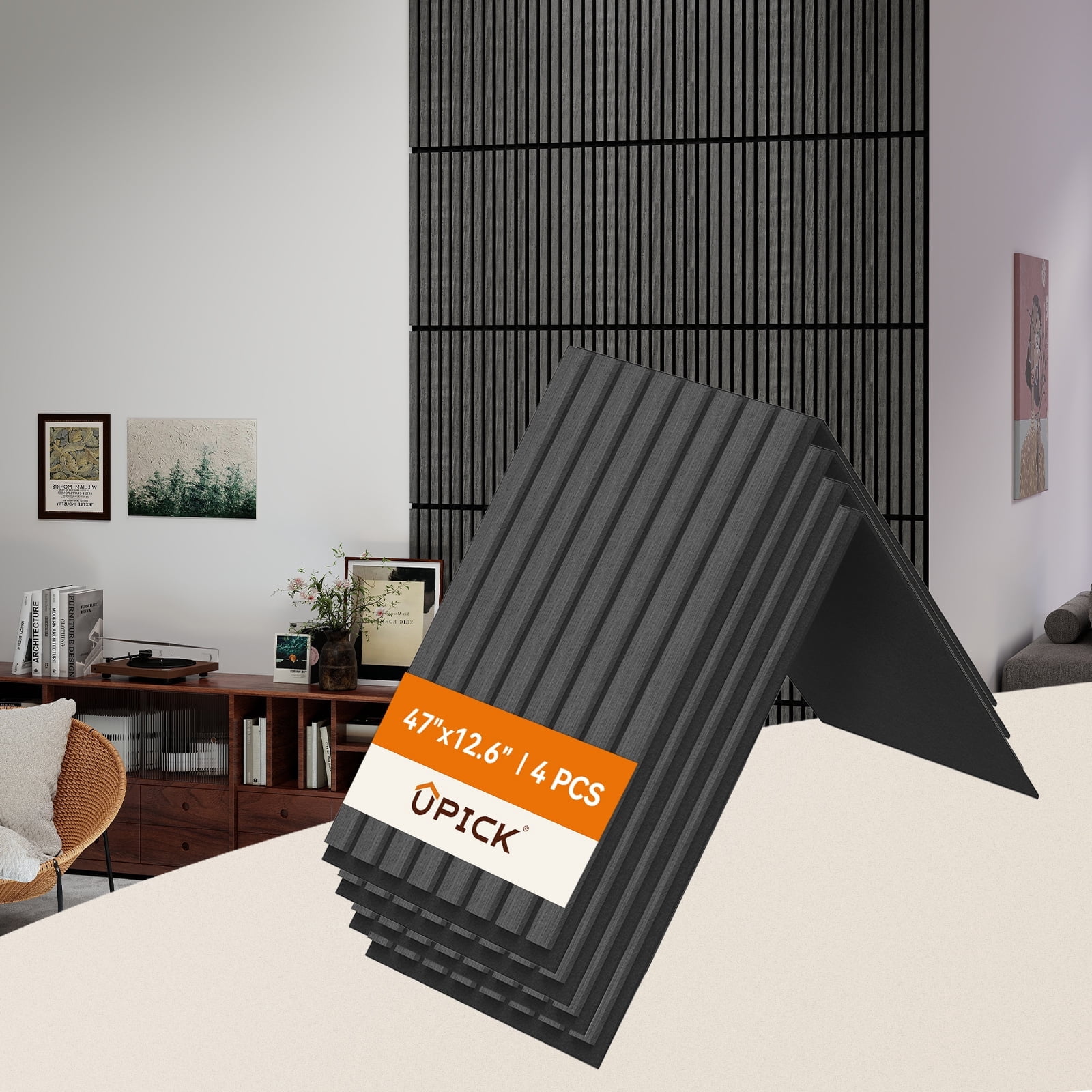 Upick Foldable Acoustic Wall Panels, 4 Pack 48" x 12.6" MDF Slat Wood Panels for Wall, Sound Absorbing Wall Panels for Interior Wall Decor, Matte Black