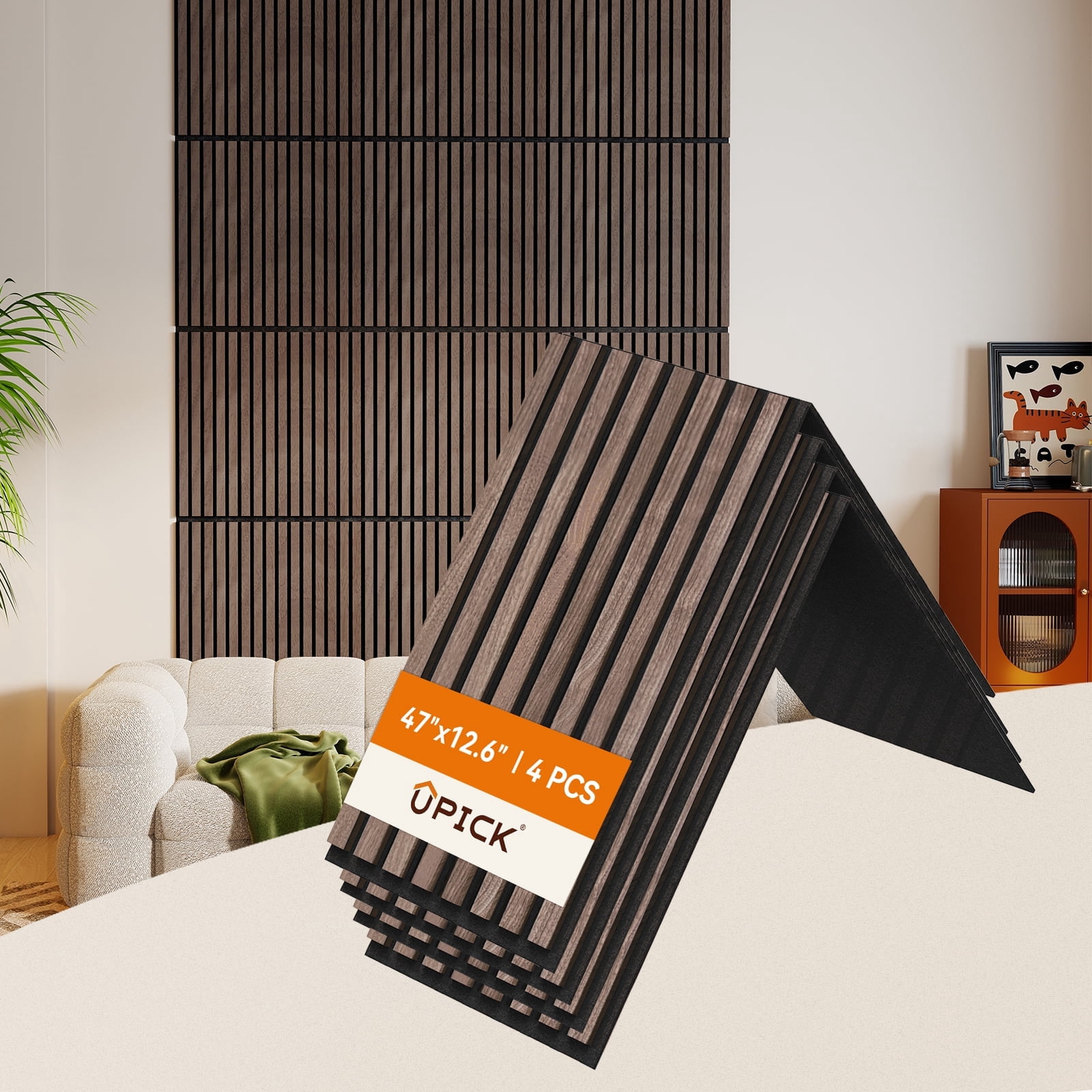 Upick Foldable Acoustic Wall Panels, 4 Pack 48" x 12.6" MDF Slat Wood Panels for Wall, Sound Absorbing Wall Panels for Interior Wall Decor, Walnut