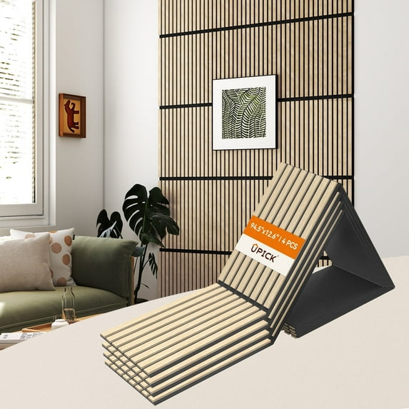 Upick Foldable Acoustic Wall Panels, 4 Pack 94.5" x 12.6" MDF Slat Wood Panels for Wall, Sound Absorbing Wall Panels for Interior Wall Decor, Oak