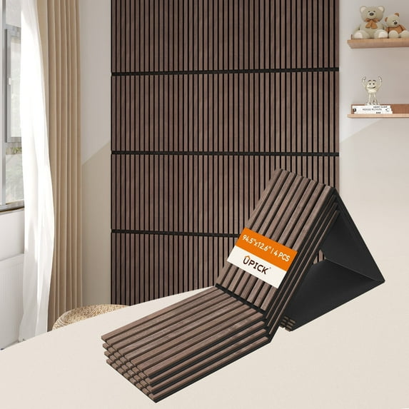 Upick Foldable Acoustic Wall Panels, 4 Pack 94.5" x 12.6" MDF Slat Wood Panels for Wall, Sound Absorbing Wall Panels for Interior Wall Decor, Walnut