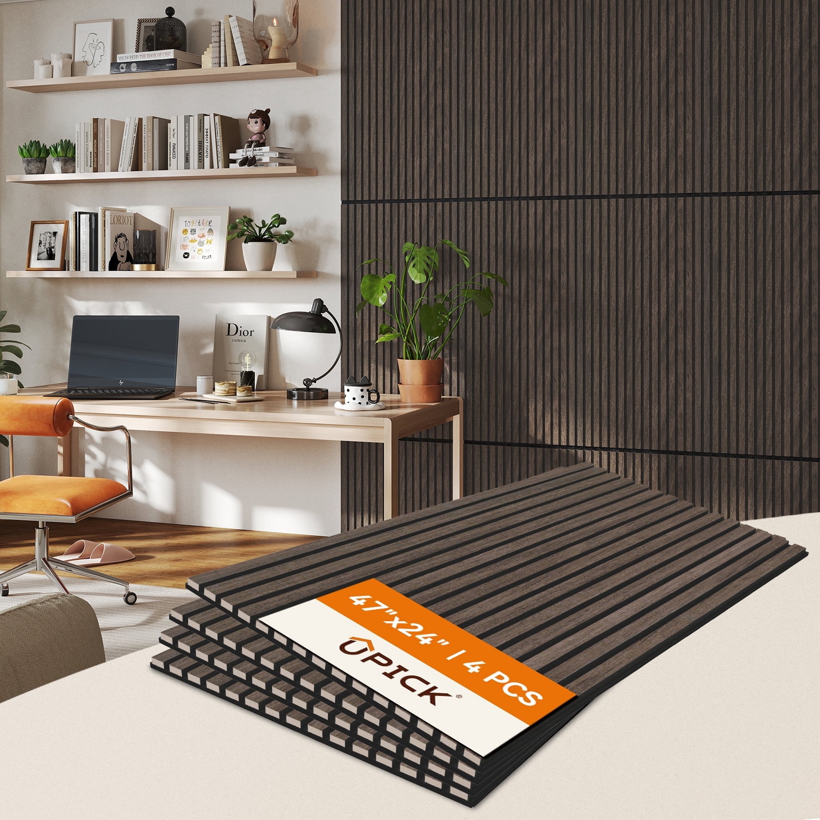 Upick MDF Acoustic Wall Panels, 4 Pack 48" x 24" 3D Slat Wood Panels for Wall, Soundproof Panels for Interior Wall Decor, Dark Walnut