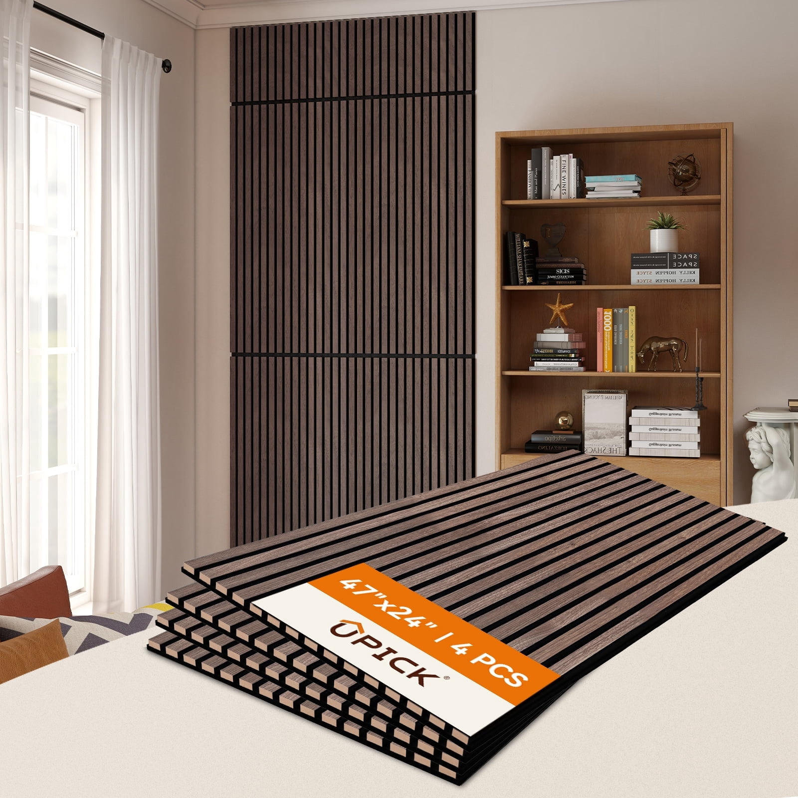 Upick MDF Acoustic Wall Panels, 4 Pack 48" x 24" 3D Slat Wood Panels for Wall, Soundproof Panels for Interior Wall Decor, Walnut