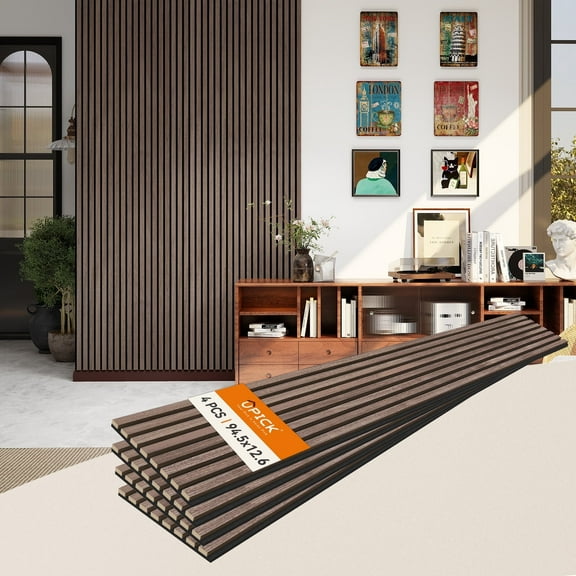 Upick MDF Acoustic Wall Panels, 4 Pack 94.5" x 12.6" 3D Slat Wood Panels for Wall, Soundproof Panels for Interior Wall Decor, Walnut