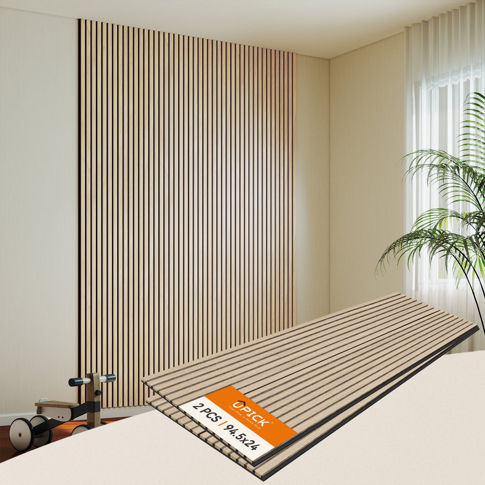 Upick MDF Acoustic Wall Panels Sound Absorbing, 2 Pack 94.5 x 23.4 inch Sound Proof Foam Wall Panels & Wood Slat Wall Panels for Interior Wall Decor, Oak